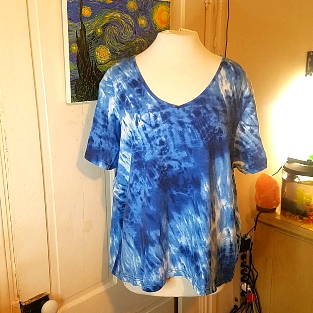 Shenanigan's 3X Blue, White, & Sky Blue Tie Dye V Neck Short Sleeve T Shirt